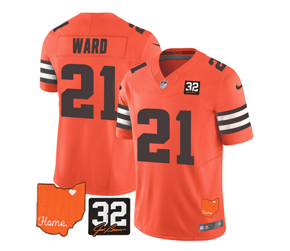 Men's Cleveland Browns #21 Denzel Ward Orange 2023 F.U.S.E. With Jim Brown Memorial Patch Vapor Untouchable Limited Stitched Jersey