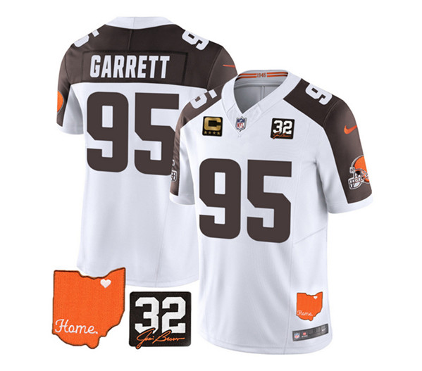 Men's Cleveland Browns #95 Myles Garrett White/Brown 2023 F.U.S.E. With Jim Brown Memorial Patch and 4-Star C Patch Vapor Untouchable Limited Stitched Jersey - Click Image to Close