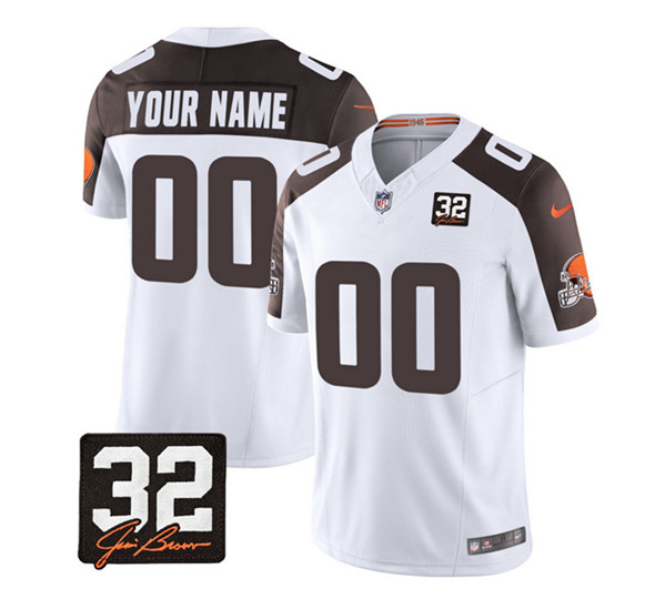 Men's Cleveland Browns Active Player Custom White/Brown 2023 F.U.S.E. With Jim Brown Memorial Patch Vapor Untouchable Limited Stitched Jersey