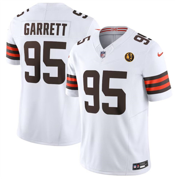 Men's Cleveland Browns #95 Myles Garrett White 2023 F.U.S.E. With John Madden Patch Vapor Limited Football Stitched Jersey