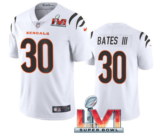 Men's Cincinnati Bengals #30 Jessie Bates III 2022 White Super Bowl LVI Vapor Limited Stitched Jersey