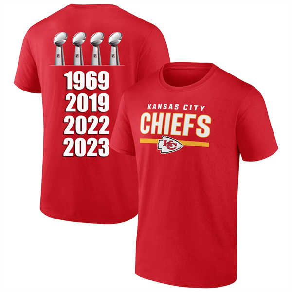 Men's Kansas City Chiefs 4 Champions Red 2024 Fan Limited T-Shirt - Click Image to Close