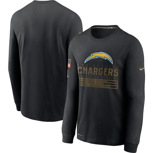 Los Angeles Chargers 2020 Black Salute To Service Sideline Performance Long Sleeve NFL T-Shirt (All Size)