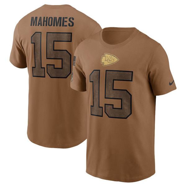 Men's Kansas City Chiefs #15 Patrick Mahomes 2023 Brown Salute To Service Name & Number T-Shirt - Click Image to Close