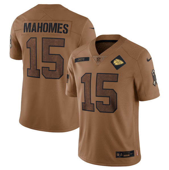 Men??s Kansas City Chiefs #15 Patrick Mahomes 2023 Brown Salute To Service Limited Football Stitched Jersey