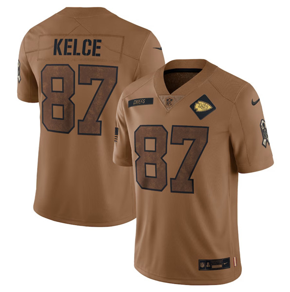 Men??s Kansas City Chiefs #87 Travis Kelce 2023 Brown Salute To Service Limited Football Stitched Jersey