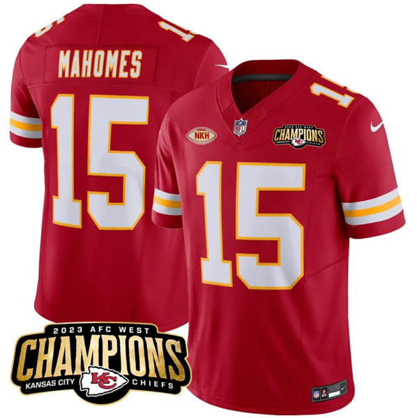 Men??s Kansas City Chiefs #15 Patrick Mahomes Red 2023 F.U.S.E. AFC West Champions With "NKH" Patch Vapor Untouchable Limited Football Stitched Jersey