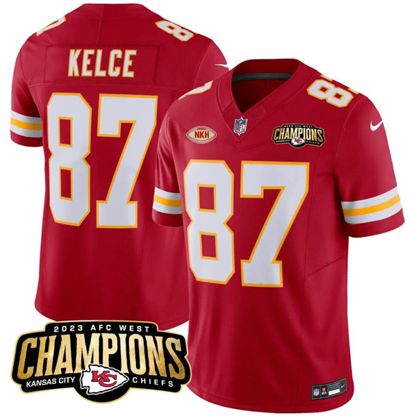 Men??s Kansas City Chiefs #87 Travis Kelce Red 2023 F.U.S.E. AFC West Champions With "NKH" Patch Vapor Untouchable Limited Football Stitched Jersey