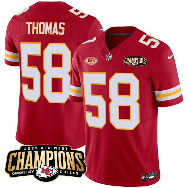 Men??s Kansas City Chiefs #58 Derrick Thomas Red 2023 F.U.S.E. AFC West Champions With "NKH" Patch Vapor Untouchable Limited Football Stitched Jersey