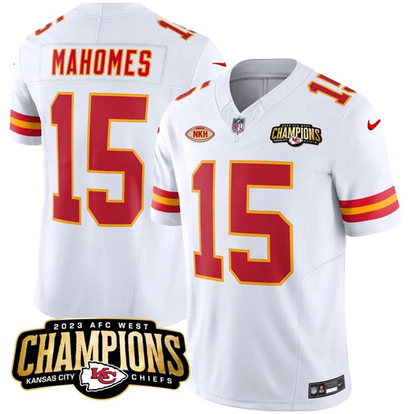 Men??s Kansas City Chiefs #15 Patrick Mahomes White 2023 F.U.S.E. AFC West Champions With "NKH" Patch Vapor Untouchable Limited Football Stitched Jersey