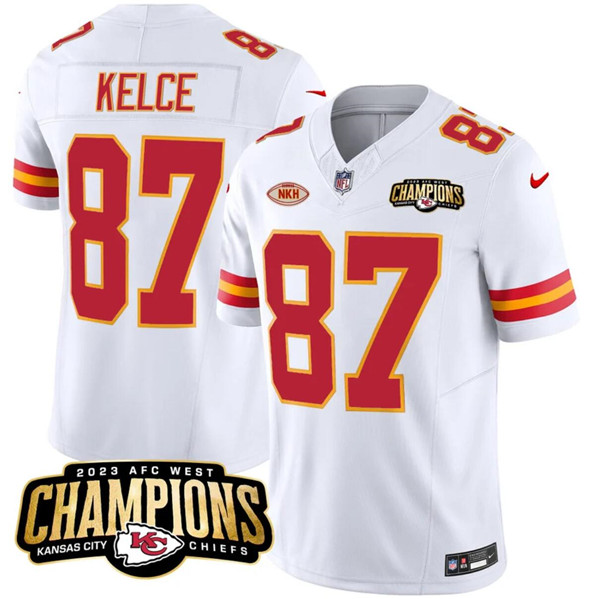 Men??s Kansas City Chiefs #87 Travis Kelce White 2023 F.U.S.E. AFC West Champions With "NKH" Patch Vapor Untouchable Limited Football Stitched Jersey