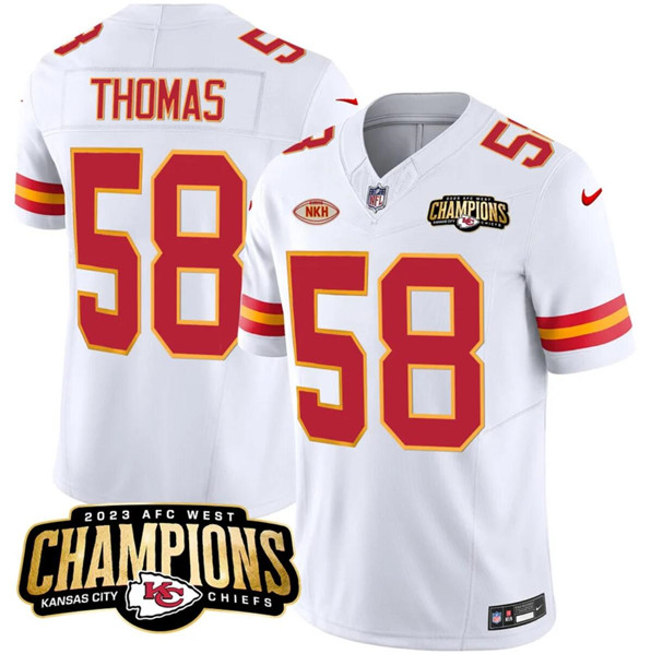 Men??s Kansas City Chiefs #58 Derrick Thomas White 2023 F.U.S.E. AFC West Champions With "NKH" Patch Vapor Untouchable Limited Football Stitched Jersey