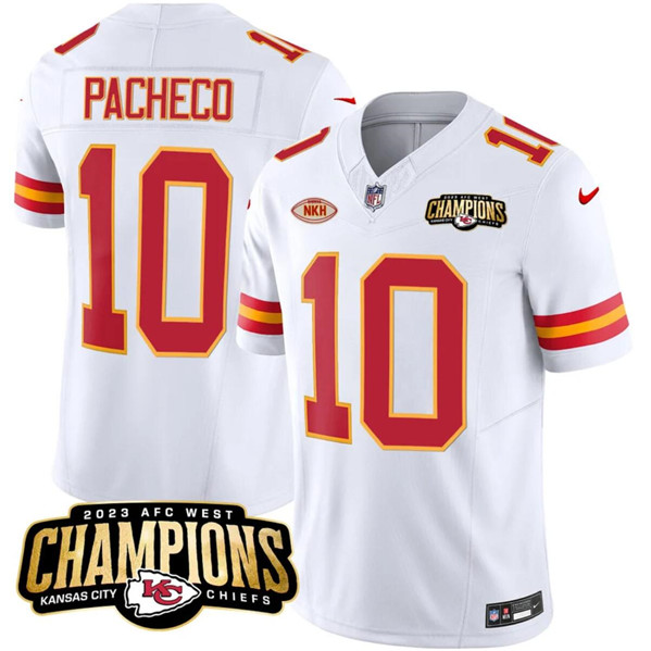 Men??s Kansas City Chiefs #10 Isiah Pacheco White 2023 F.U.S.E. AFC West Champions With "NKH" Patch Vapor Untouchable Limited Football Stitched Jersey