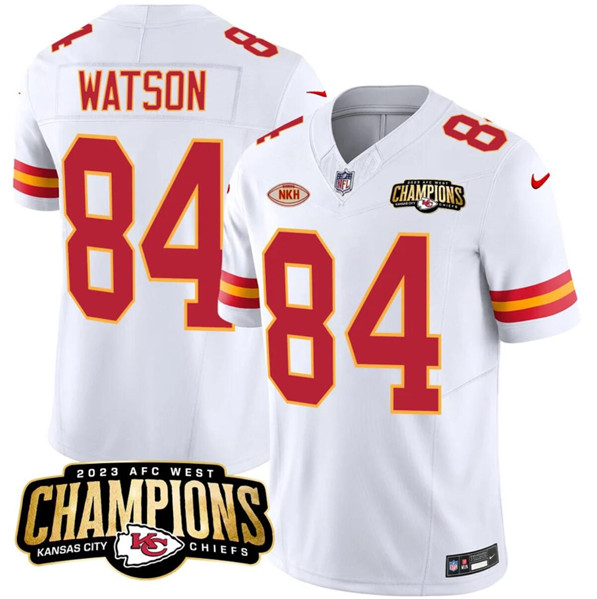 Men??s Kansas City Chiefs #84 Justin Watson White 2023 F.U.S.E. AFC West Champions With "NKH" Patch Vapor Untouchable Limited Football Stitched Jersey