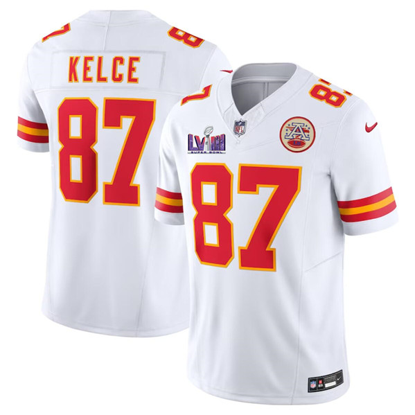 Men??s Kansas City Chiefs #87 Travis Kelce White F.U.S.E. Super Bowl LVIII Patch Vapor Untouchable Limited Football Stitched Jersey