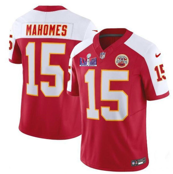 Men??s Kansas City Chiefs #15 Patrick Mahomes Red/White 2024 F.U.S.E. Super Bowl LVIII Patch Vapor Untouchable Limited Football Stitched Jersey