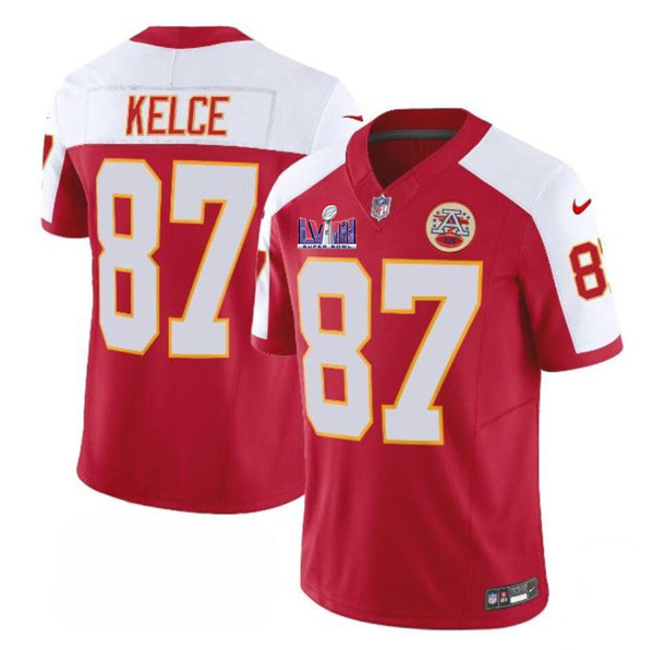 Men??s Kansas City Chiefs #87 Travis Kelce Red/White 2024 F.U.S.E. Super Bowl LVIII Patch Vapor Untouchable Limited Football Stitched Jersey