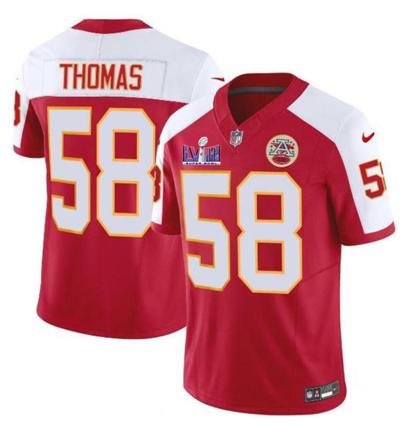 Men??s Kansas City Chiefs #58 Derrick Thomas Red/White 2024 F.U.S.E. Super Bowl LVIII Patch Vapor Untouchable Limited Football Stitched Jersey