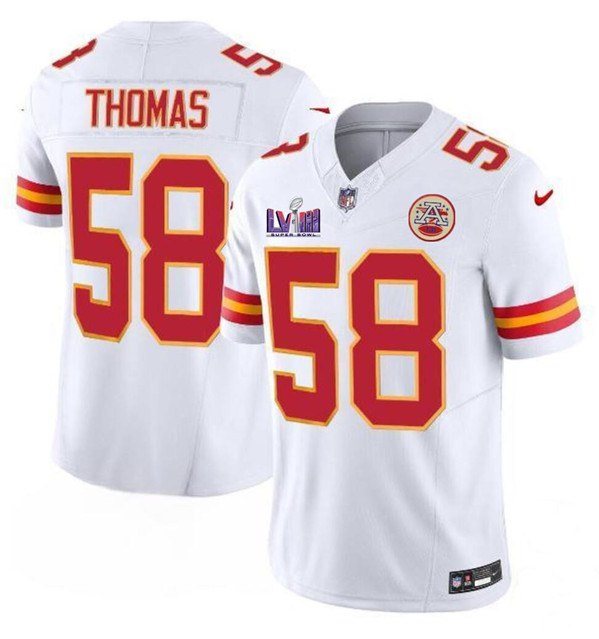 Men??s Kansas City Chiefs #58 Derrick Thomas White 2024 F.U.S.E. Super Bowl LVIII Patch Vapor Untouchable Limited Football Stitched Jersey