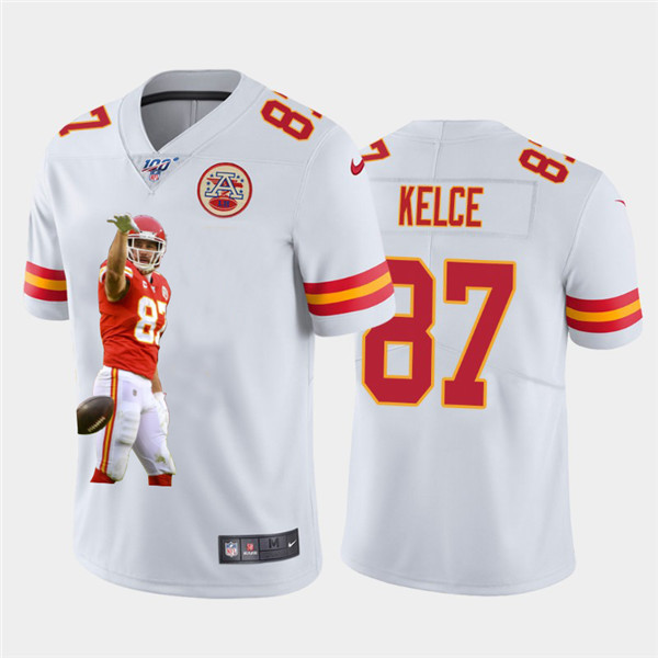 Men's Kansas City Chiefs # 87 Travis Kelce White 100th Season Portrait Edition NFL Jersey