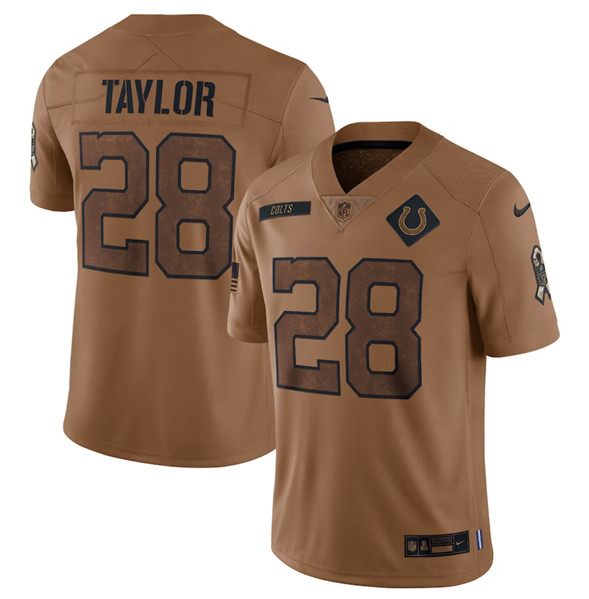 Men's Indianapolis Colts #28 Jonathan Taylor 2023 Brown Salute To Sertvice Limited Football Stitched Jersey