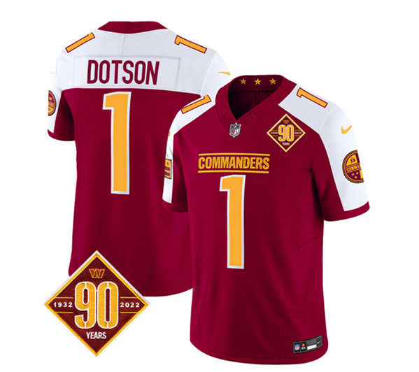 Men's Washington Commanders #1 Jahan Dotson Burgundy/White 2023 F.U.S.E. 90th Anniversary Vapor Limited Football Stitched Jersey