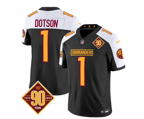 Men's Washington Commanders #1 Jahan Dotson Black/White 2023 F.U.S.E. 90th Anniversary Vapor Limited Football Stitched Jersey