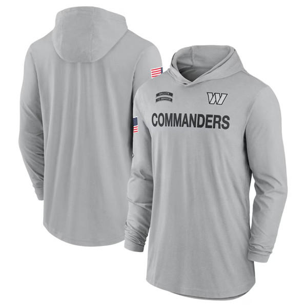 Men's Washington Commanders 2024 Gray Salute to Service Lightweight Performance Long Sleeve Hooded T-Shirt - Click Image to Close