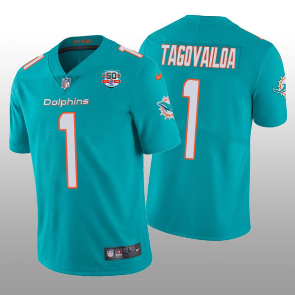 Men's Miami Dolphins #1 Tua Tagovailoa 2022 Aqua With With 50th Perfect Season Patch Limited Stitched Jersey - Click Image to Close