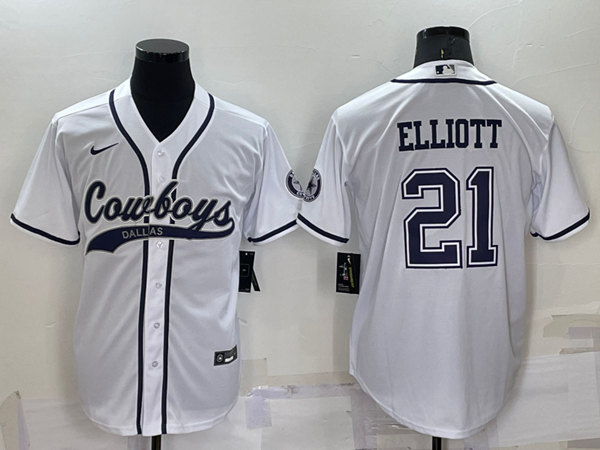 Men's Dallas Cowboys #21 Ezekiel Elliott White Cool Base Stitched Baseball Jersey - Click Image to Close