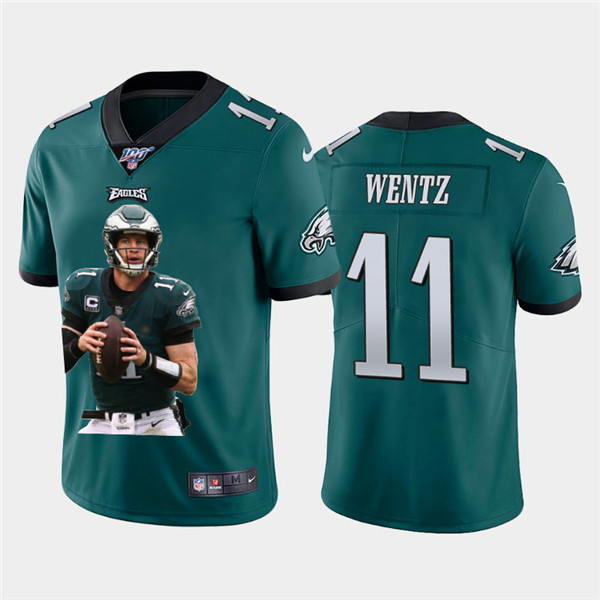 Men's Philadelphia Eagles #11 Carson Wentz Green 100th Season Portrait Edition NFL Jersey