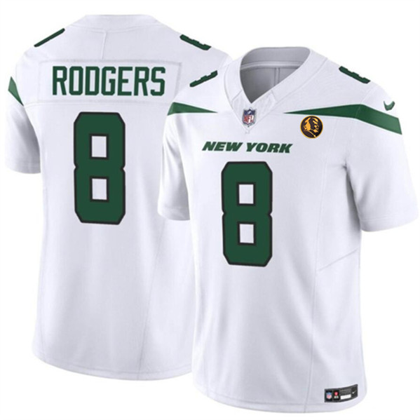 Men's New York Jets #8 Aaron Rodgers White 2023 F.U.S.E. With John Madden Patch Vapor Limited Football Stitched Jersey