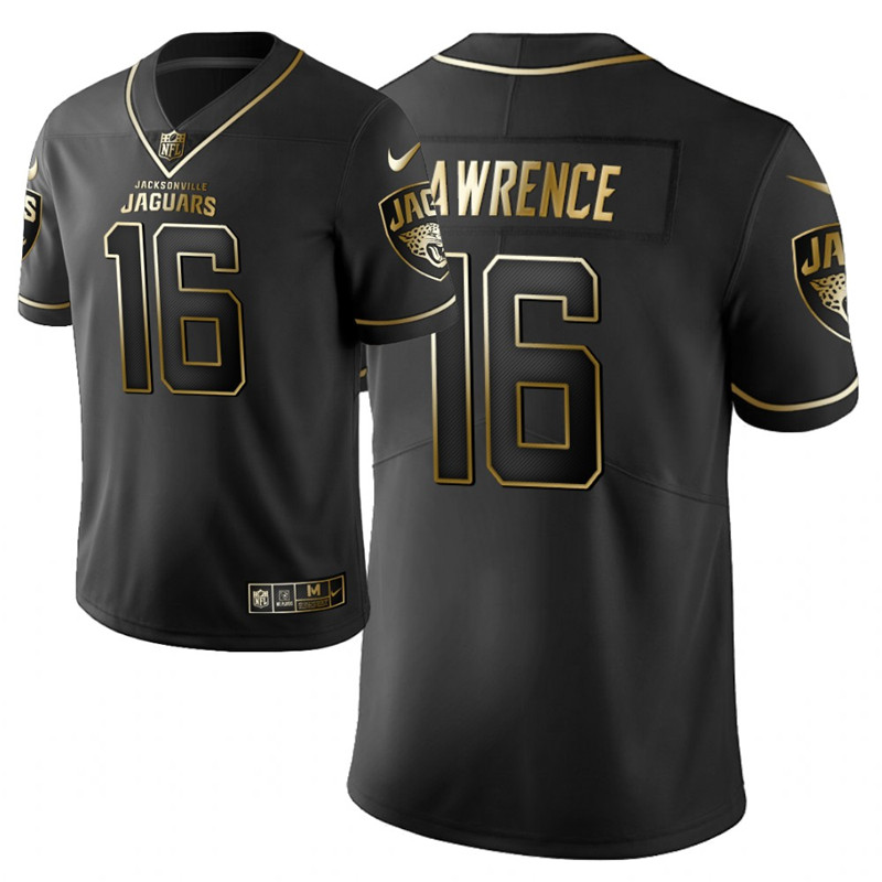 Men's Jacksonville Jaguars #16 Trevor Lawrence Black Golden Vapor Untouchable Limited Stitched Jersey - Click Image to Close