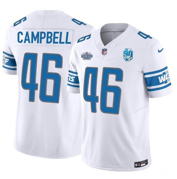 Men's Detroit Lions #46 Jack Campbell White 2023 F.U.S.E. Prem1ere Patch 90th Anniversary Vapor Untouchable Limited Stitched Jersey