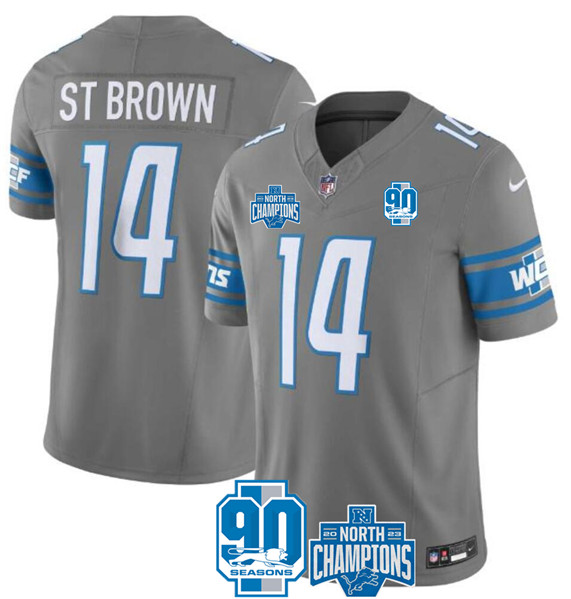 Men's Detroit Lions #14 Amon-Ra St. Brown Gray 2023 90th Anniversary North Division Champions Patch Limited Stitched Jersey - Click Image to Close