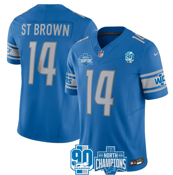 Men's Detroit Lions #14 Amon-Ra St. Brown Blue 2023 90th Anniversary North Division Champions Patch Limited Stitched Jersey - Click Image to Close