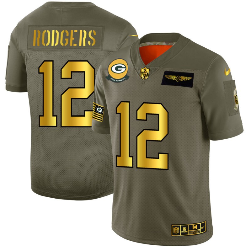 Men's Green Bay Packers #12 Aaron Rodgers Olive/Gold 2019 Salute to Service Limited Stitched NFL Jersey.