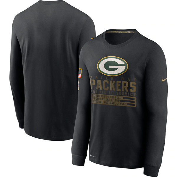 Green Bay Packers 2020 Black Salute To Service Sideline Performance Long Sleeve NFL T-Shirt (All Size)