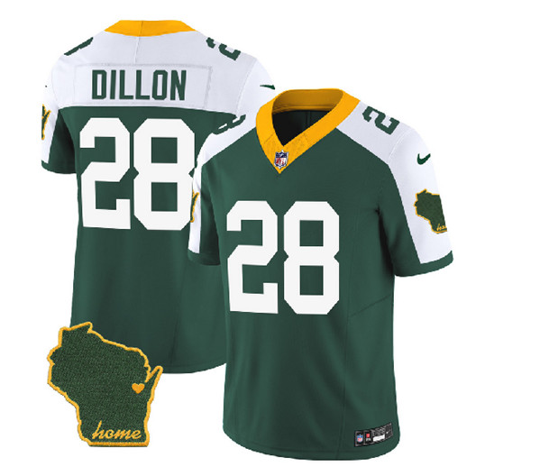 Men's Green Bay Packers #28 A.J. Dillon Green/White 2023 F.U.S.E. Home Patch Vapor Untouchable Limited Stitched Jersey - Click Image to Close