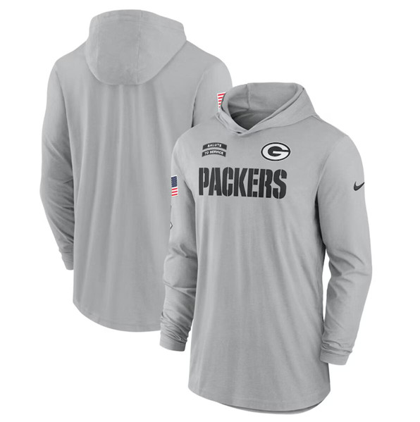 Men's Green Bay Packers 2024 Gray Salute to Service Lightweight Performance Long Sleeve Hooded T-Shirt