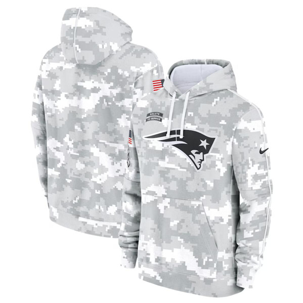 Men's New England Patriots 2024 Arctic Camo Salute to Service Club Fleece Pullover Hoodie