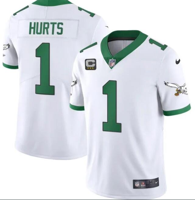 Philadelphia Eagles #1 Jalen Hurts White/Kelly Green With C Patch Jersey