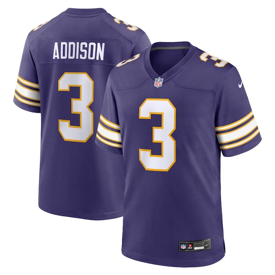 Men's Minnesota Vikings #3 Jordan Addison Purple Classic Game Stitched Jersey - Click Image to Close