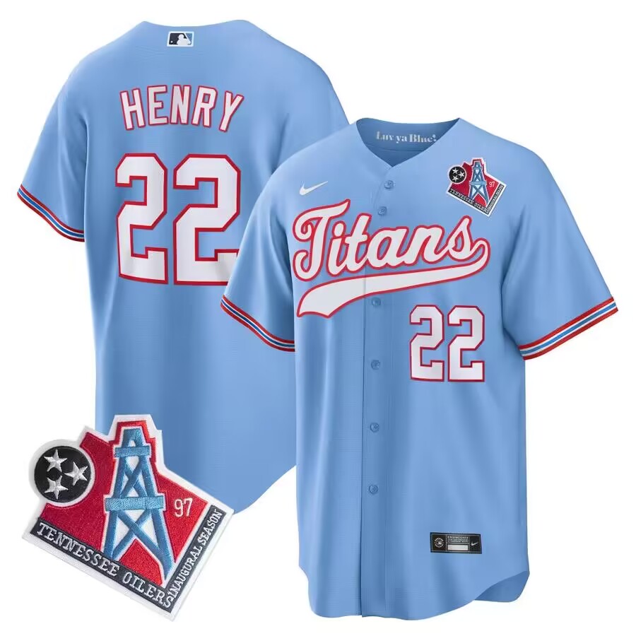 Men's Tennessee Titans #22 Derrick Henry Light Blue 1997 Throwback Stitched Cool Base Jersey - Click Image to Close