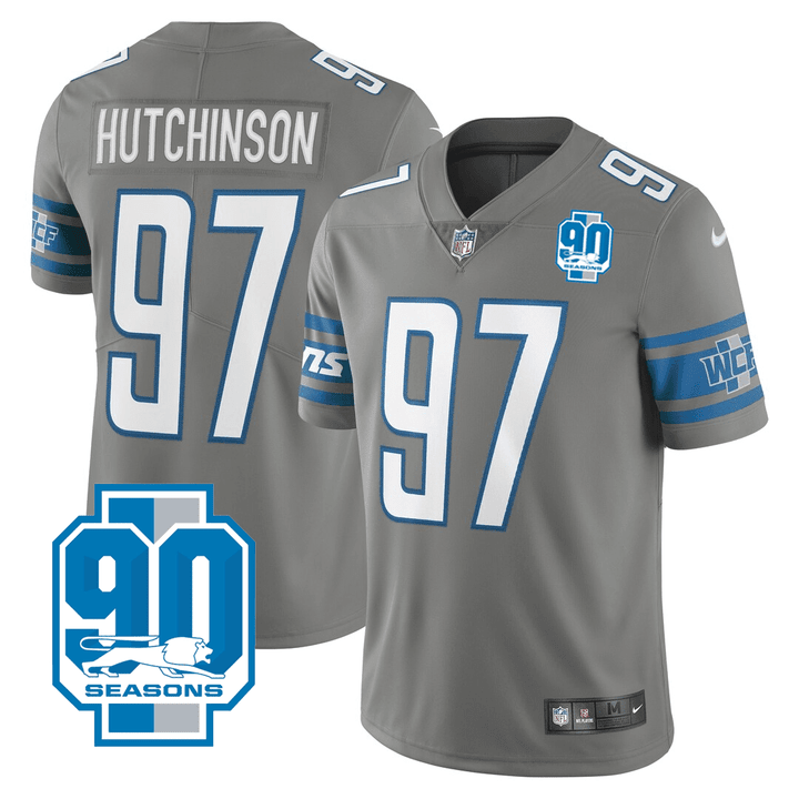 Men's Detroit Lions #97 Aidan Hutchinson Grey 2023 90th Anniversary Vapor Untouchable Limited Stitched Jersey - Click Image to Close