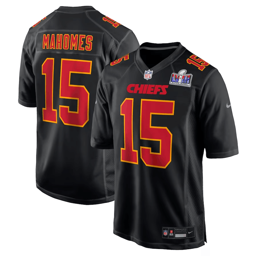 Men??s Kansas City Chiefs #15 Patrick Mahomes Black 2024 Super Bowl LVIII Patch Limited Football Stitched Game Jersey - Click Image to Close