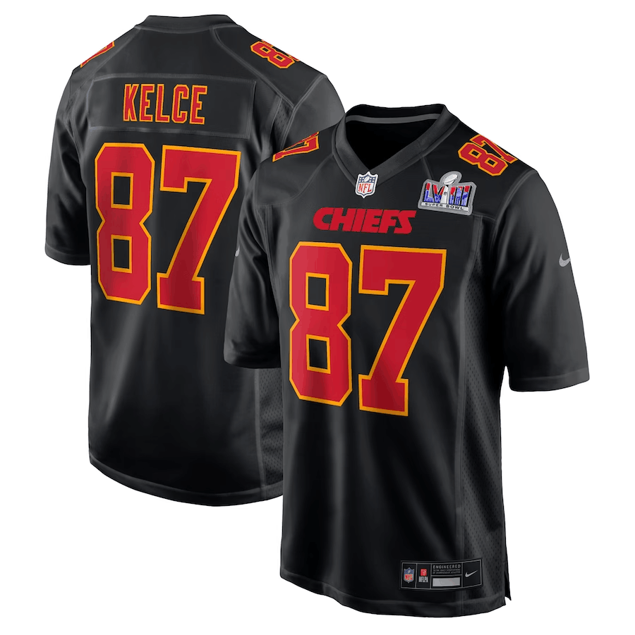 Men??s Kansas City Chiefs #87 Travis Kelce Black 2024 Super Bowl LVIII Patch Limited Football Stitched Game Jersey