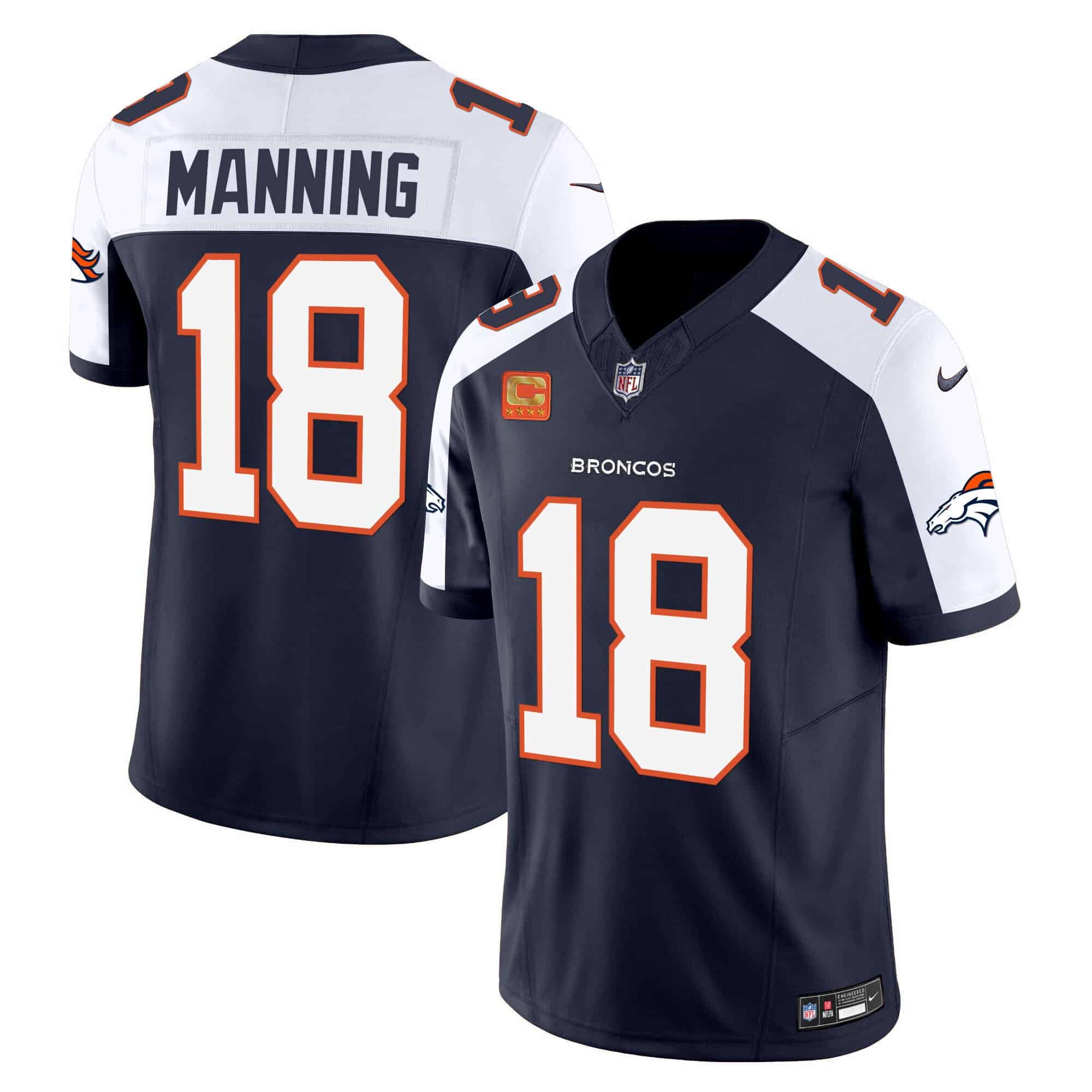 Men's Denver Broncos #18 Peyton Manning Navy 2024 F.U.S.E. With 4-Star C Patch Vapor Limited Stitched Jersey