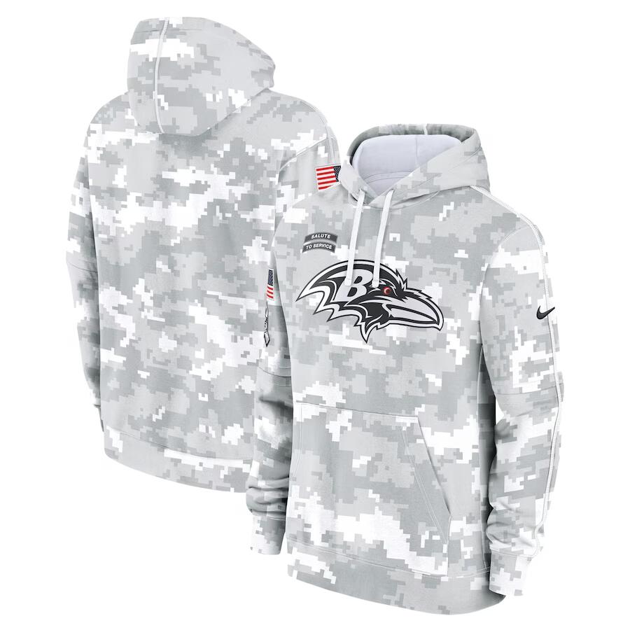 Men's Baltimore Ravens 2024 Arctic Camo Salute To Service Club Fleece Pullover Hoodie