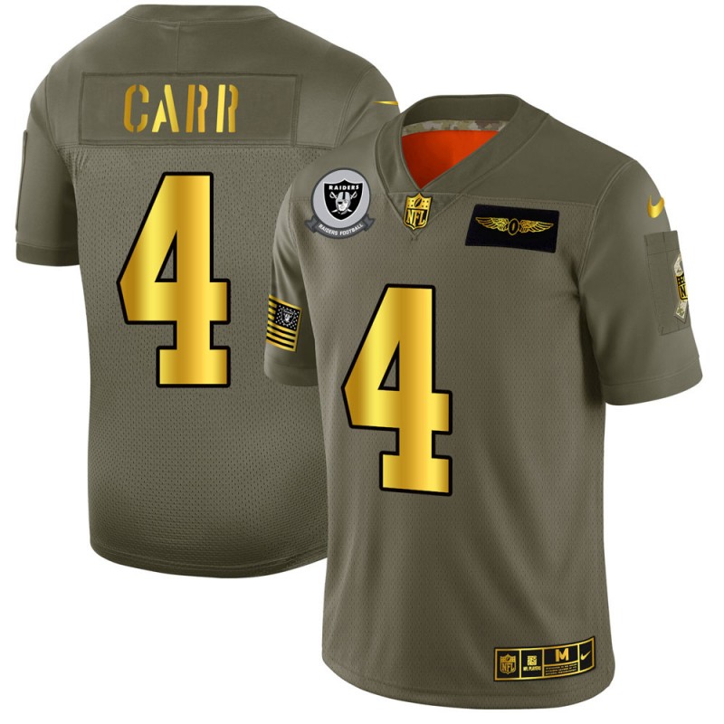 Men's Oakland Raiders #4 Derek Carr 2019 Olive/Gold Salute To Service Limited Stitched NFL Jersey - Click Image to Close